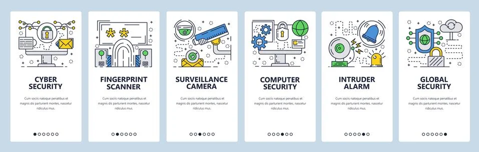 Vector web site linear art onboarding screens template. Internet cyber security Stock Illustration