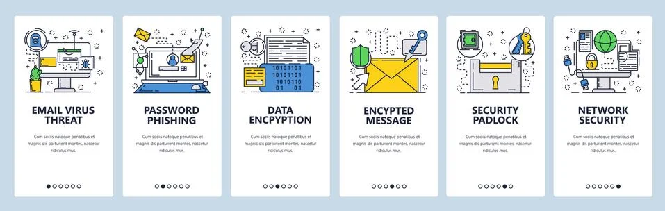 Vector web site linear art onboarding screens template. Internet cyber security Illustrazione stock