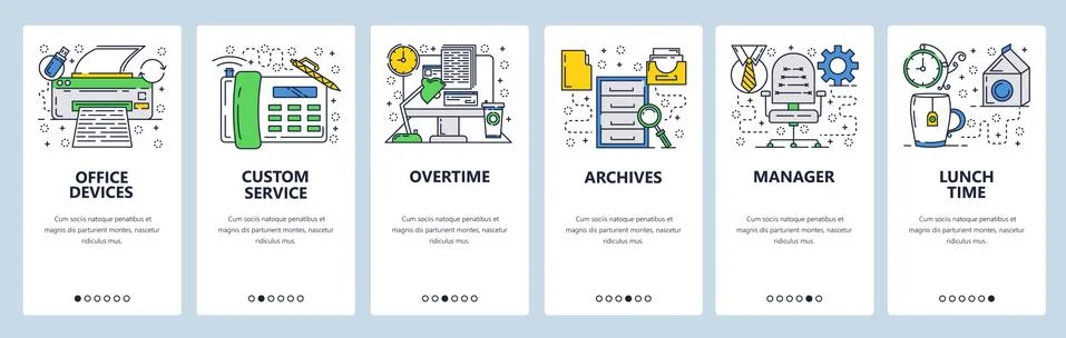Vector web site linear art onboarding screens template. Business office Stock Illustration