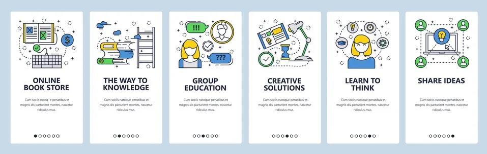 Vector web site linear art onboarding screens template. Education and knowledge Stock Illustration