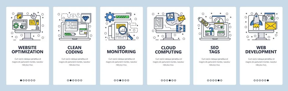 Vector web site linear art onboarding screens template. Digital marketing Stock-Illustration