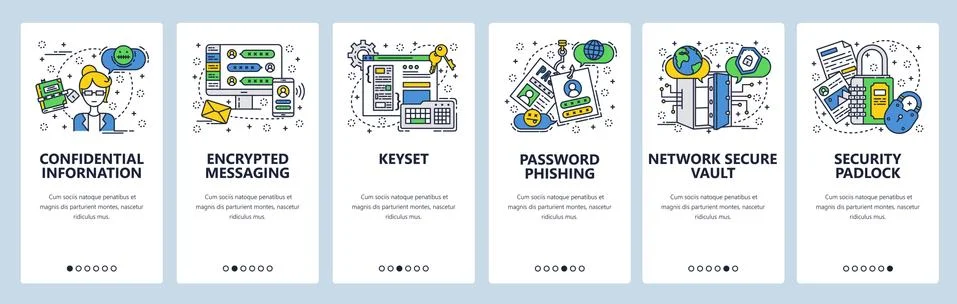 Vector web site linear art onboarding screens template. Encrypted messaging apps 스톡 일러스트