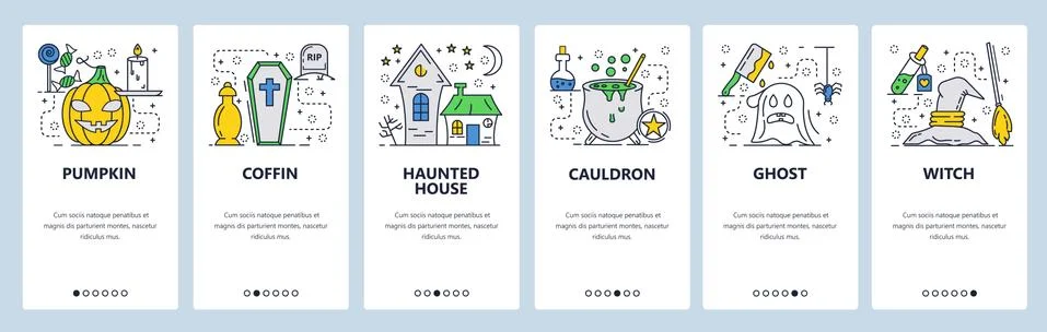 Vector web site linear art onboarding screens template. Halloween party. Menu Stock Illustration