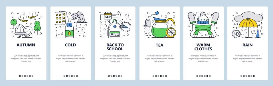 Vector web site linear art onboarding screens template. Fall season, flu, warm Stock Illustration