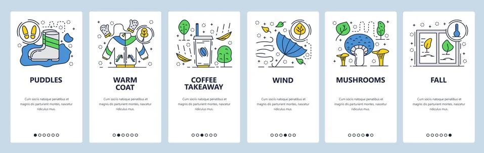 Vector web site linear art onboarding screens template. Fall season. Menu Stock Illustration
