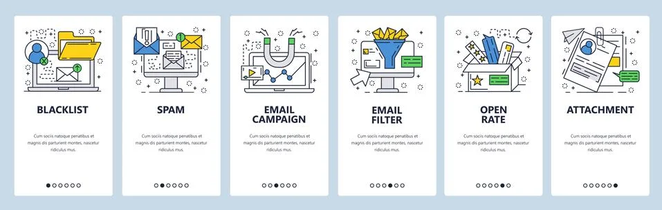 Vector web site linear art onboarding screens template. Email marketing, spam 스톡 일러스트