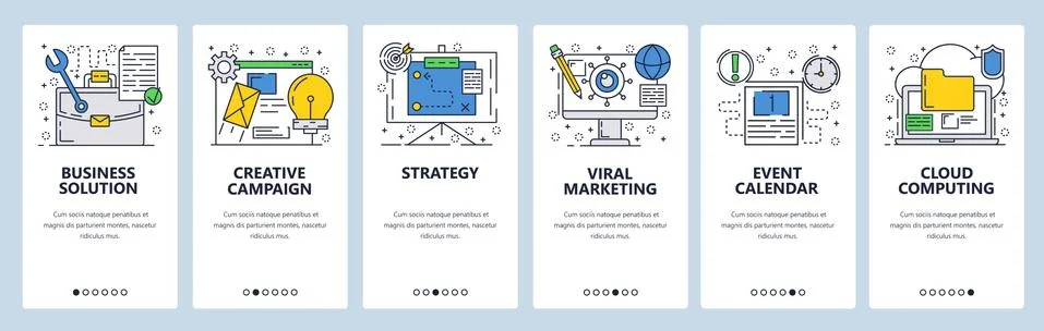 Vector web site linear art onboarding screens template. Business strategy and 스톡 일러스트