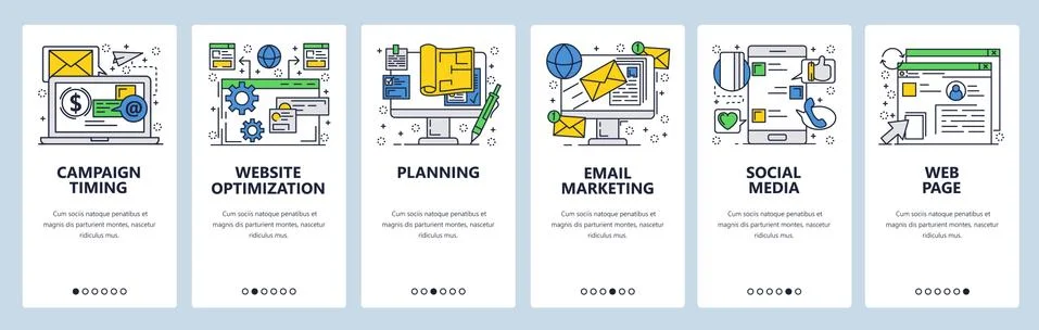 Vector web site linear art onboarding screens template. Email marketing Stock Illustration