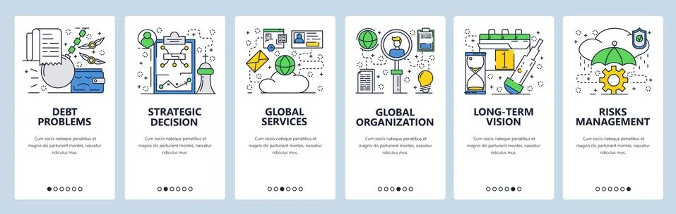 Vector web site linear art onboarding screens template. Debt problems and risk イラスト素材