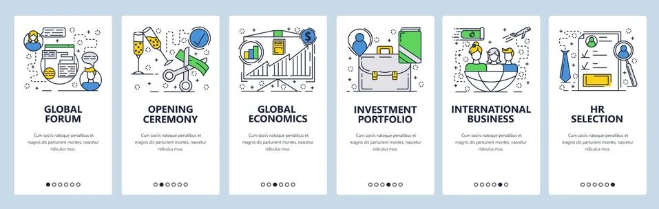 Vector web site linear art onboarding screens template. Business investment Stock Illustration