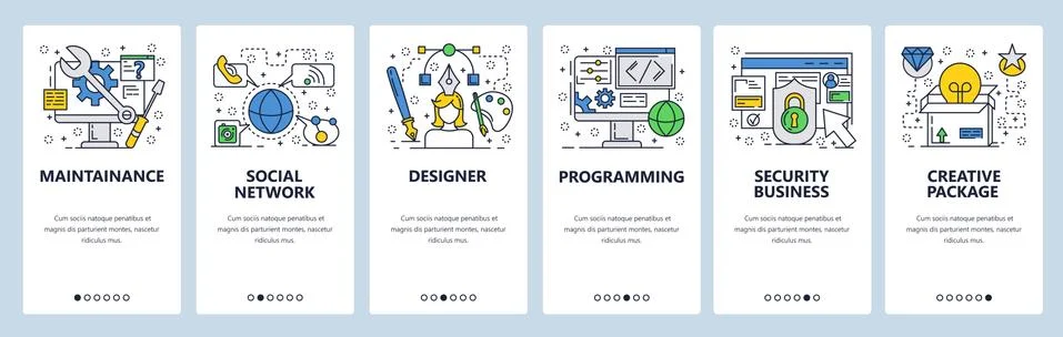 Vector web site linear art onboarding screens template. Designer, website coding Stock Illustration