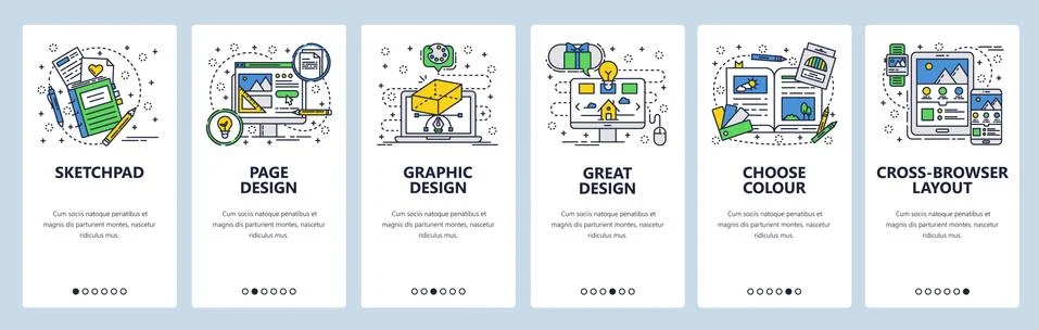 Vector web site linear art onboarding screens template. Computer graphic design 스톡 일러스트