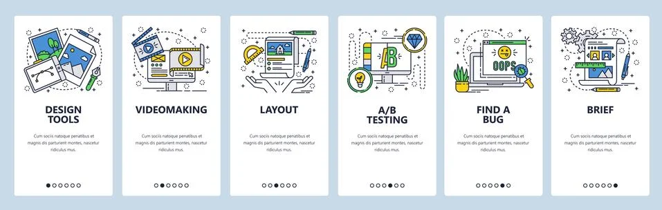 Vector web site linear art onboarding screens template. Graphic design and art 스톡 일러스트