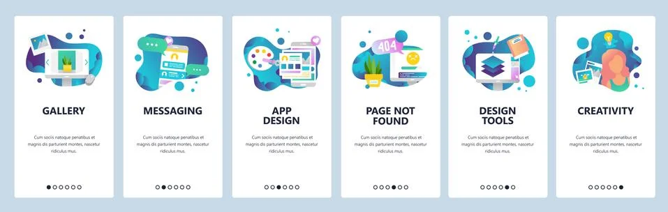 Vector web site onboarding screens template. Design creative tools and software Stock Illustration