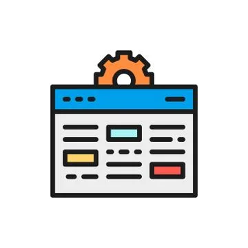 Vector webpage with gear, internet development, seo flat color line icon. 库存插图