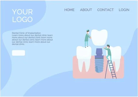 Vector website design in a flat style. Two implantologist doctors install a Stock Illustration