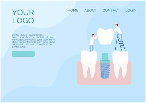 Vector website design in a flat style. Two implantologist doctors install a Illustrazione stock