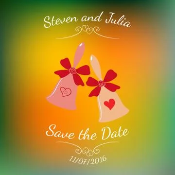 Vector wedding bells with hearts and bow over colorful blurred background. Stock Illustration