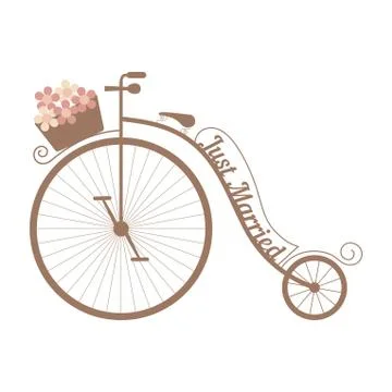 Vector wedding bicycle with basket of pink flowers Stock Illustration