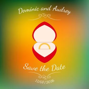 Vector wedding golden ring in a red box over colorful blurred background. Stock Illustration