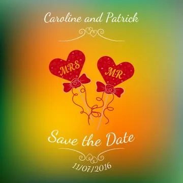 Vector wedding hearts MR and MRS on a stick over colorful blurred background. Stock Illustration