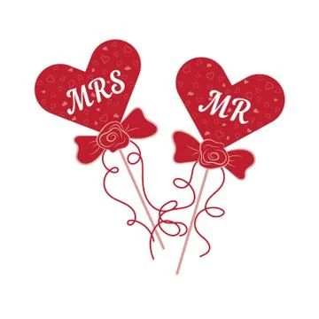 Vector wedding hearts MR and MRS on a stick Stock Illustration