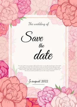 Vector wedding invitation with pink roses, peony and tulip flowers. Stock-Illustration
