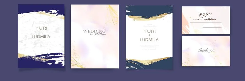 Vector wedding invitation set with liguid fluis background. Rose gold foil Stock Illustration