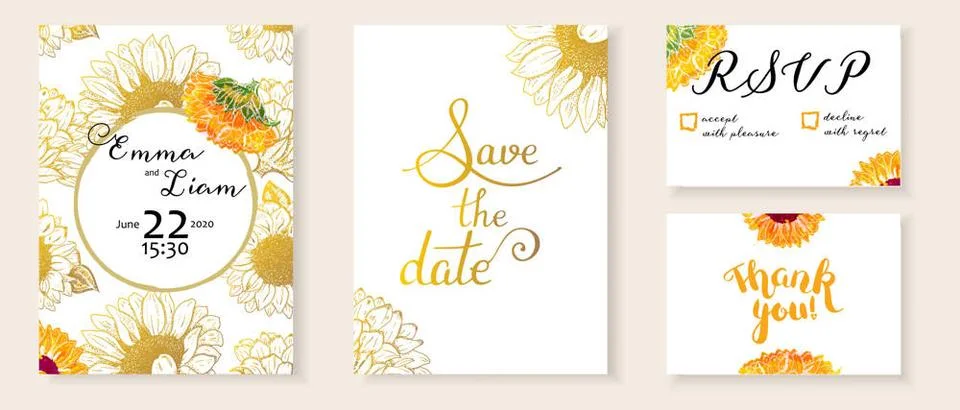 Vector wedding invitation set with Save the Date, RSVP and Thank You cards... Stock Photos