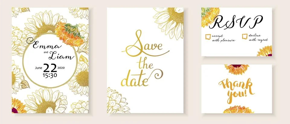 Vector wedding invitation set with Save the Date, RSVP and Thank You cards, Stock Photos
