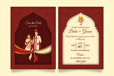 Vector wedding invitation template layout with indian faceless couple image in b Ilustração Stock
