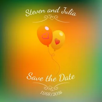 Vector wedding pink balloon with red hearts over colorful blurred background. Stock Illustration