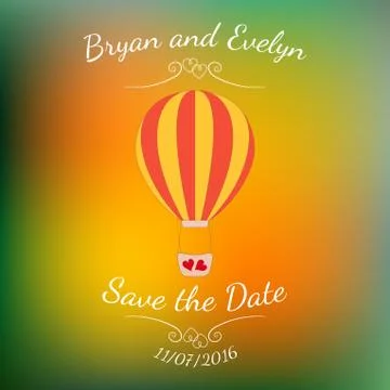 Vector wedding pink balloon with red hearts over colorful blurred background. Stock Illustration