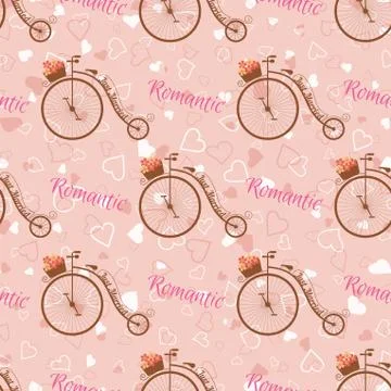 Vector wedding retro bicycle seamless pattern. Stock Illustration