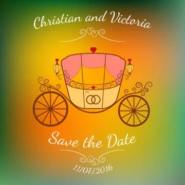 Vector wedding retro carriage with curls over colorful blurred background. Stock Illustration