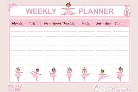 Vector weekly planner with the image of little girls ballerinas Stock Illustration
