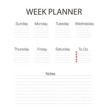 Vector weekly planner template A4.Blank white notebook page isolated.Organizer Stock Illustration
