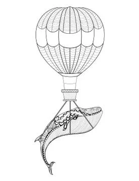 Vector Whale with air balloon patterned background for adult col 스톡 일러스트
