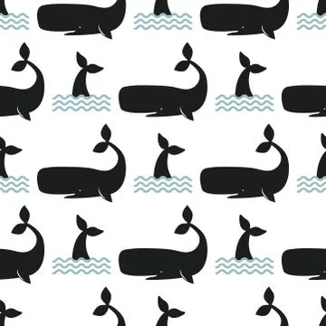Vector whale illustration seamless pattern humpback ocean marine mammal wildlife Stock Illustration