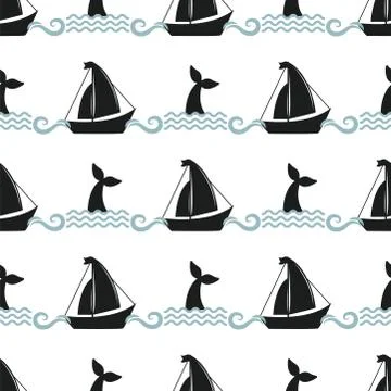 Vector whale illustration seamless pattern humpback ocean marine ship vessel Stock Illustration