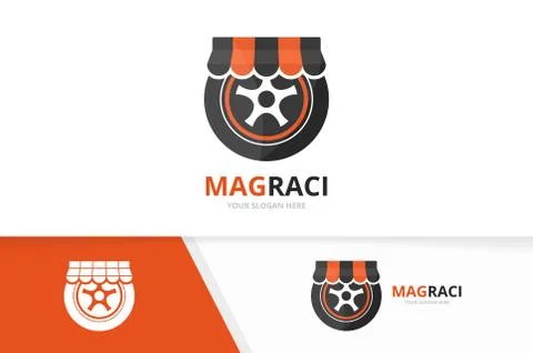 Vector wheel and shop logo combination. Tire and sale symbol or icon. Unique 스톡 일러스트