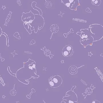 Vector Whimsical Playful Cats and Halloween Decorations seamless pattern Illustrazione stock