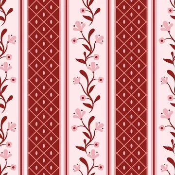 Vector whimsy floral stripe pattern. Red seamless elegant border pattern Stock Illustration