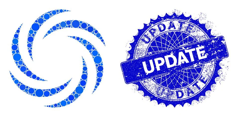 Vector Whirl Rotation Collage of Dots with Textured Update Stamp Seal Stock Illustration