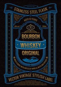 Vector whiskey label, sticker on bottle or flask of alcoholic drink. Vertical Stock Illustration