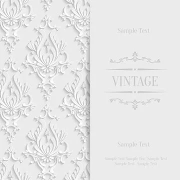 Vector White 3d Vintage Invitation Card with Floral Damask Pattern Stock Illustration