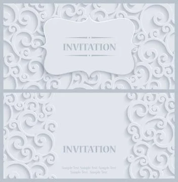 Vector White 3d Vintage Invitation Card with Floral Damask Pattern Stock Illustration