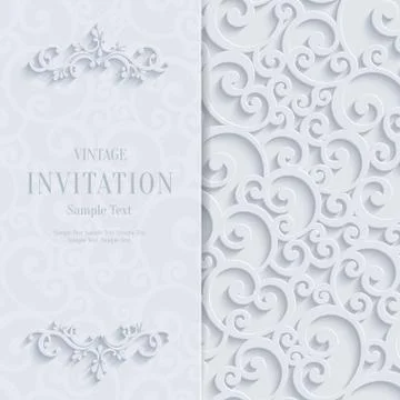 Vector White 3d Vintage Invitation Card with Swirl Damask Pattern Stock Illustration