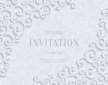 Vector White 3d Vintage Invitation Card with Floral Damask Pattern 스톡 일러스트