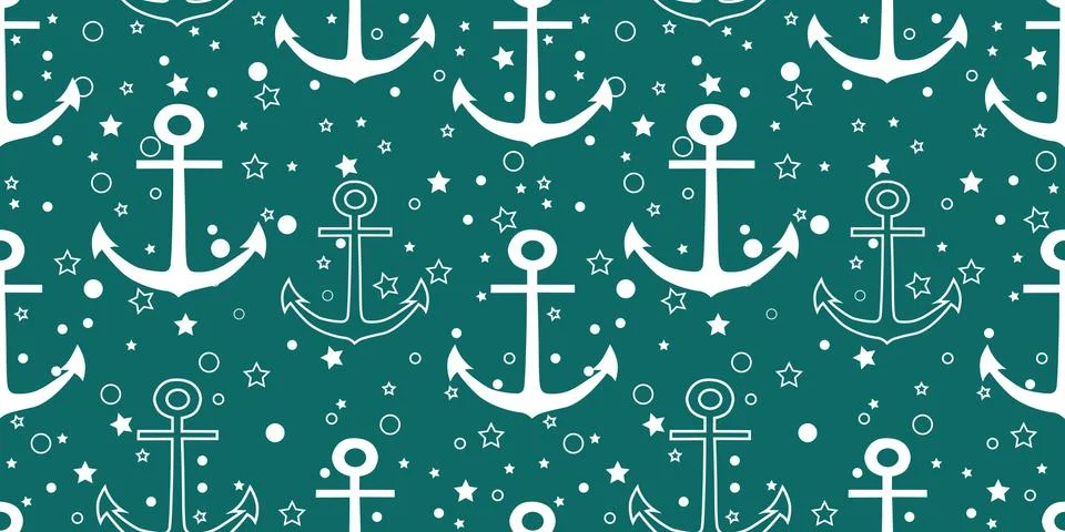 Vector white anchors repeat seamless pattern with stars and circles on green Stock Illustration